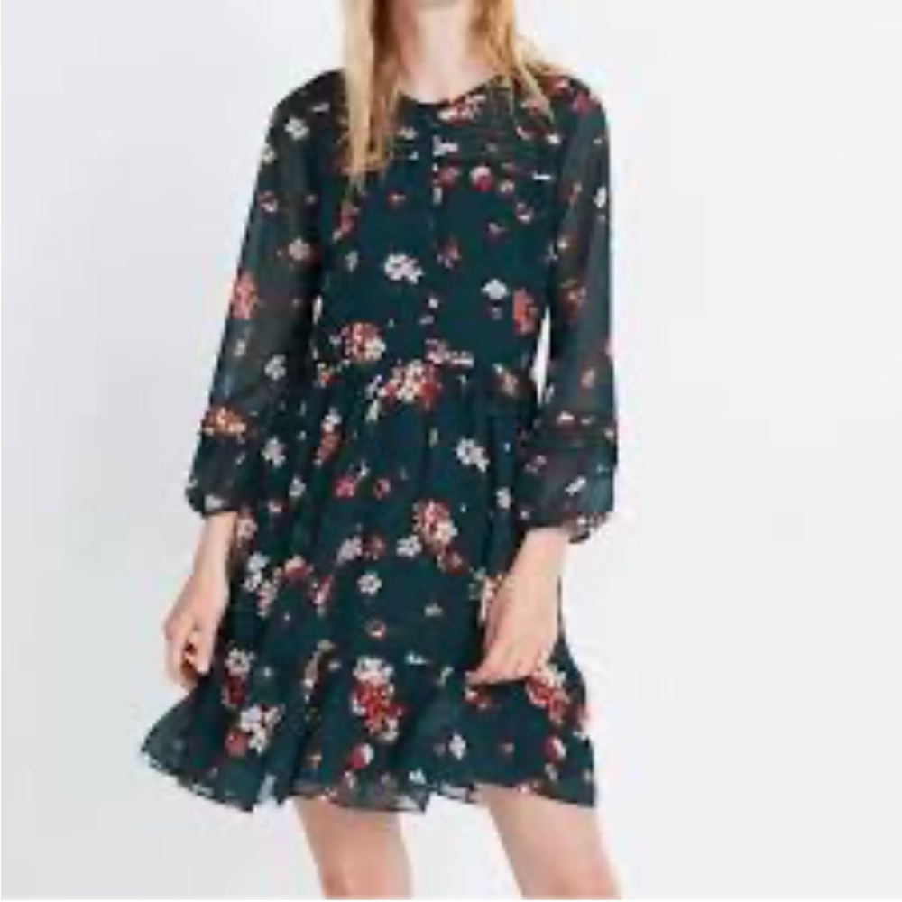 Madewell Sheer Sleeve Pintuck Ruffle Dress in Spruce Blooms EUC